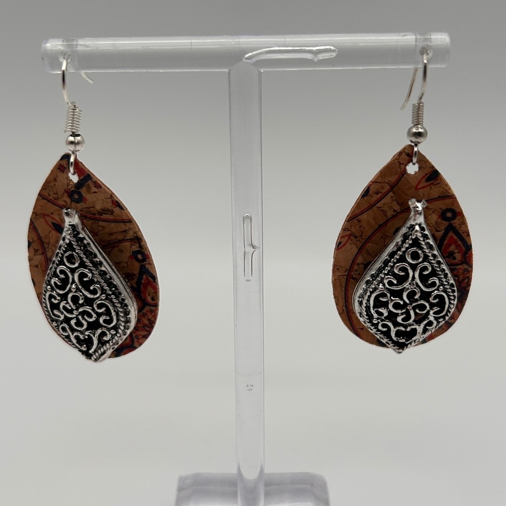 Boho Cork Teardrop Earrings Silver Filigree Layered Patterned Wood Dangle 1.75"